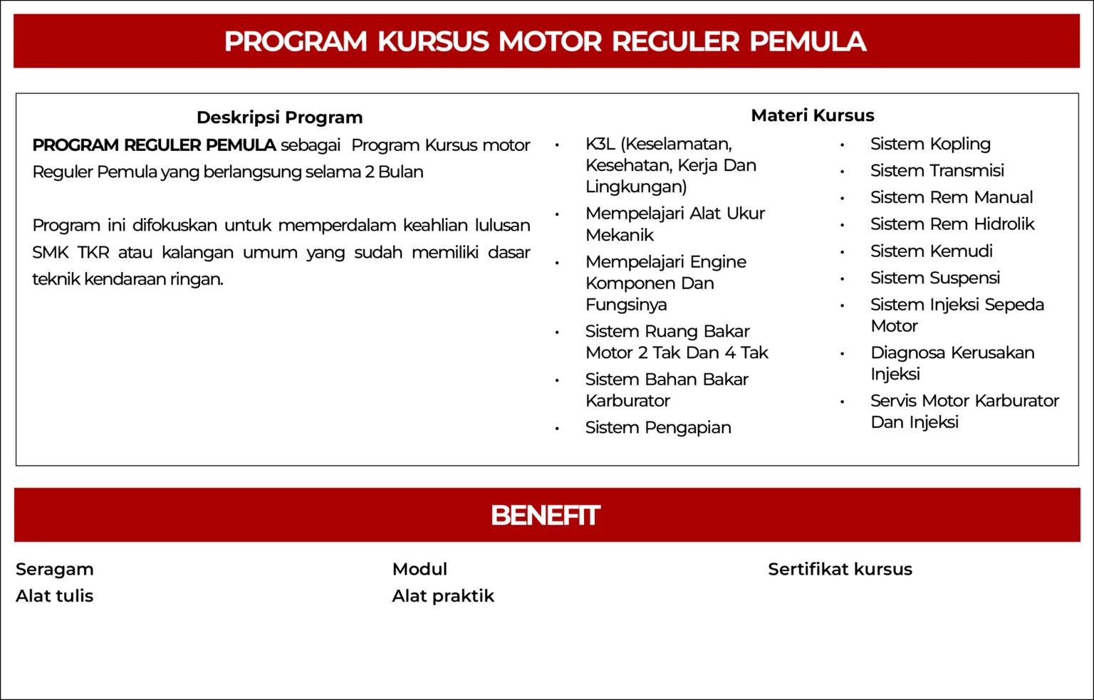 Program Kursus Motor Reguler Pemula – MechanicsPro Academy