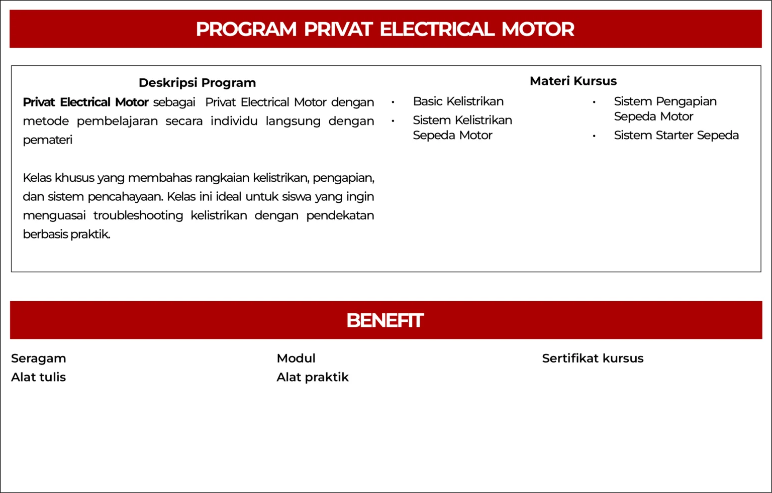 program kursus privat kelistrikan motor